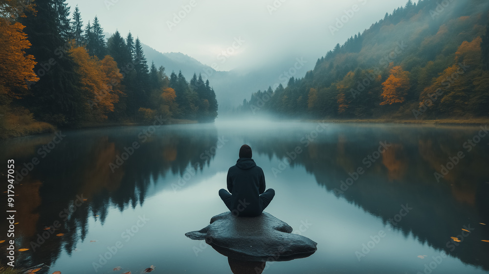 Individual sitting quietly by a serene lake, reflecting solitude and peace Individual sitting quietly by a serene lake, reflecting solitude and peace