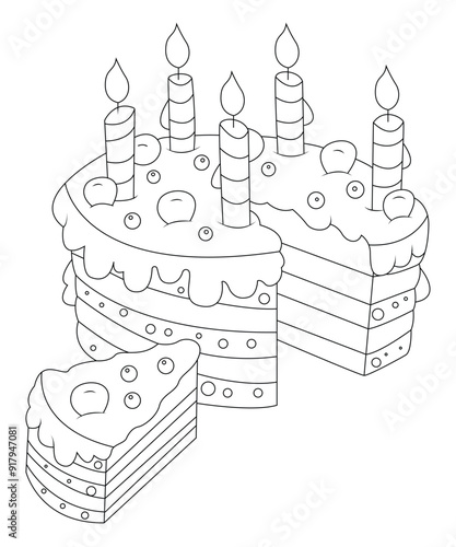 Unique and Cute Cake Coloring page for kids and Children. photo