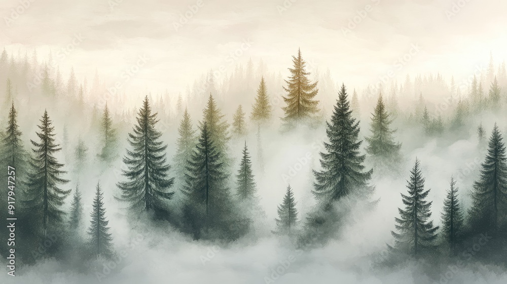 Mist-covered fir trees in a retro style, with a soft, muted color palette that adds a hipster vibe to the serene landscape. Mist-covered fir trees in a retro style, with a soft, muted color palette that adds a hipster vibe to the serene landscape.