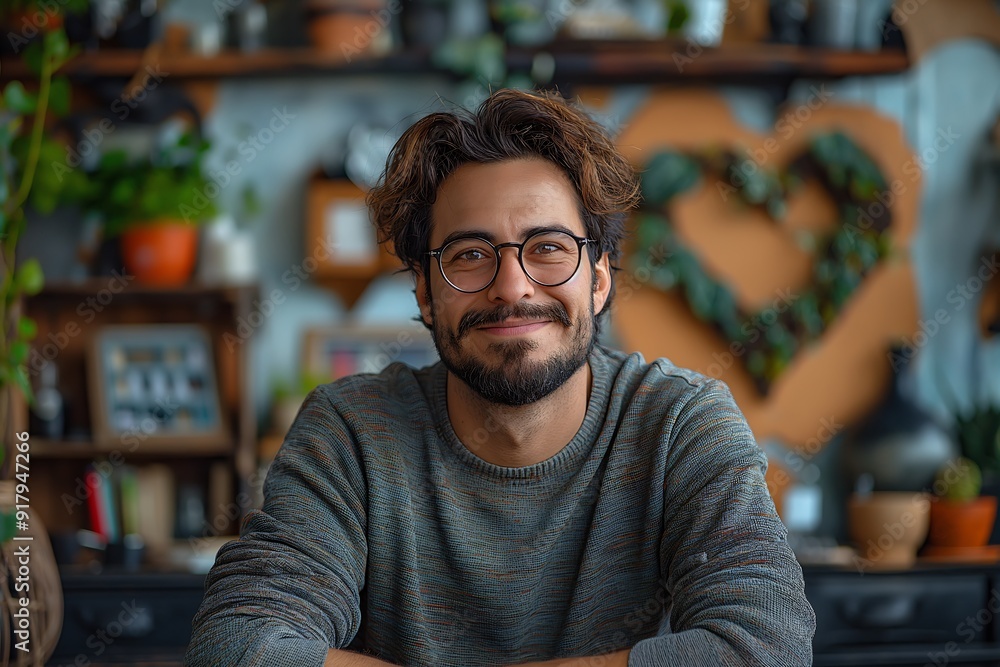 A man making a heart shape with his hands while smiling and looking at the camera in the living room. Portrait of a positive young male showing a love sign A man making a heart shape with his hands while smiling and looking at the camera in the living room. Portrait of a positive young male showing a love sign