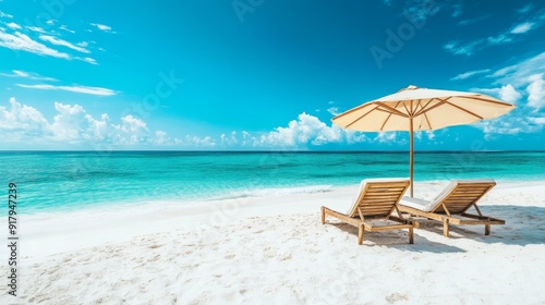 Tropical beach scene with two lounge chairs under an umbrella, overlooking clear turquoise water. Summer vacation vibe