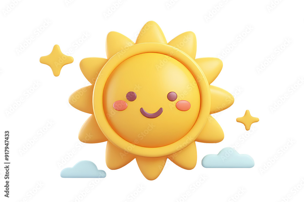 3D smiling sun with clouds and sparkles around it, 3D render isolated background 3D smiling sun with clouds and sparkles around it, 3D render isolated background