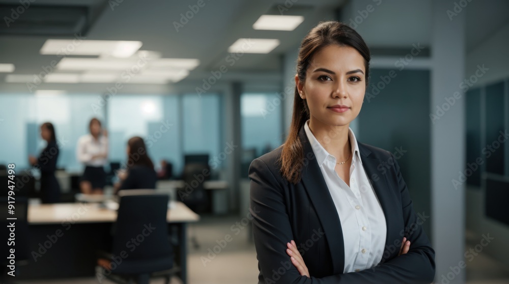 Assertive female executive standing with arms folded in contemporary workplace Assertive female executive standing with arms folded in contemporary workplace