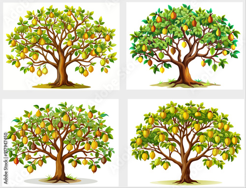 Collection of four pear tree illustrations in different styles. Each tree is depicted with bright green leaves and ripe fruit hanging from the branches.