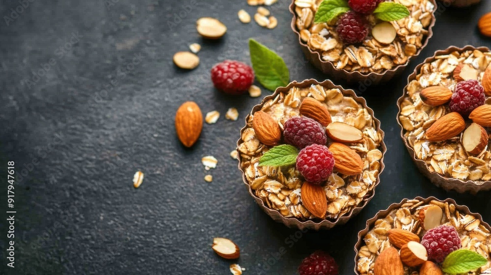 Delicious oatmeal cups with raspberries almonds on dark surface Delicious oatmeal cups with raspberries almonds on dark surface