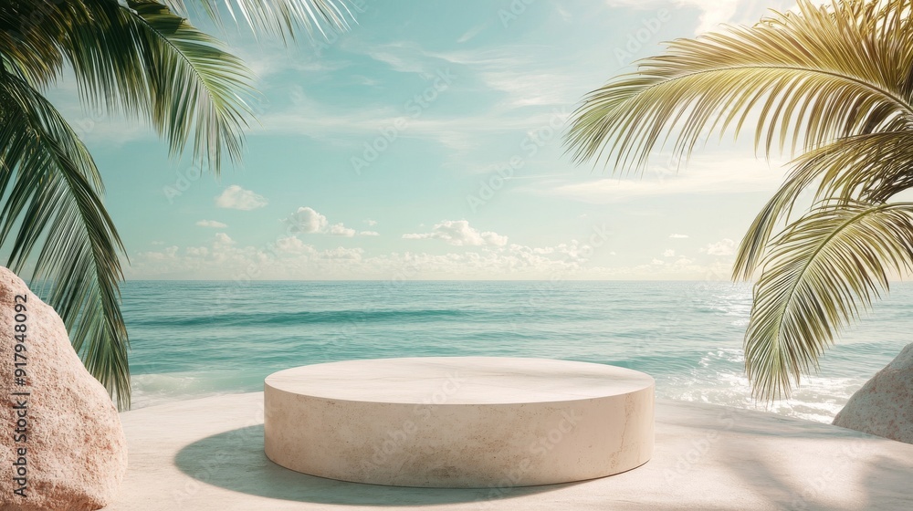 photo of round podium on the beach with sea and palm tree background, summer vibes, bright sunny light, close up shot, minimalistic, mockup photo of round podium on the beach with sea and palm tree background, summer vibes, bright sunny light, close up shot, minimalistic, mockup