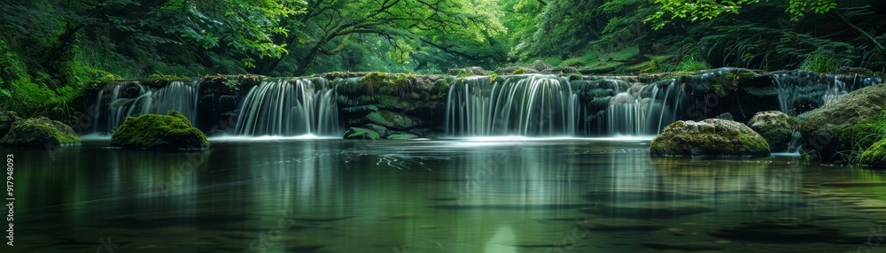 Tranquil waterfall with cool tones, long exposure capturing the flow, set against a backdrop of vibrant greenery. Tranquil waterfall with cool tones, long exposure capturing the flow, set against a backdrop of vibrant greenery.
