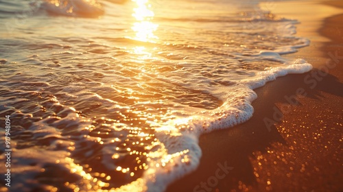 A serene beach at sunset, photo style, warm colors, high resolution, golden light reflecting on calm water