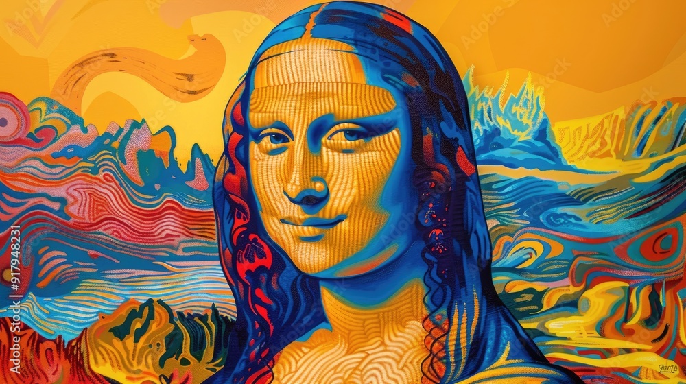 A psychedelic reimagining of the Mona Lisa, with vibrant colors and swirling patterns. A psychedelic reimagining of the Mona Lisa, with vibrant colors and swirling patterns.