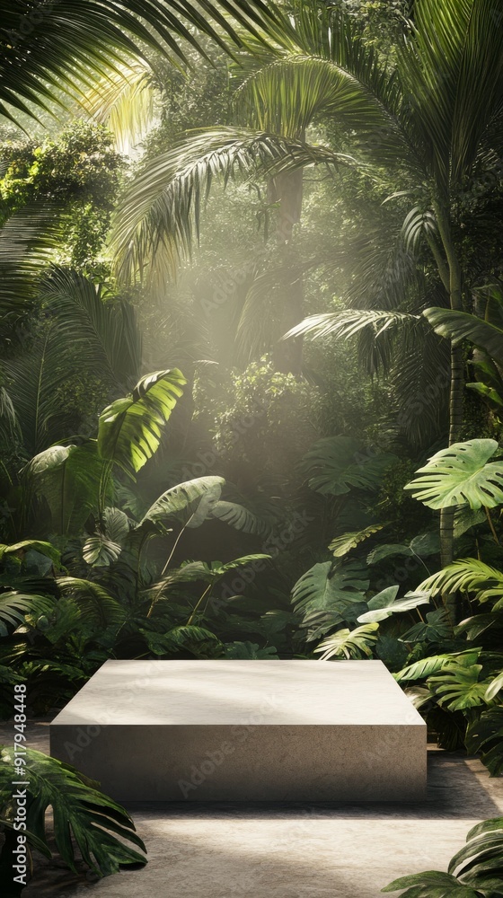 Realistic photograph of a podium in the jungle, surrounded by lush greenery and palm trees, creating an enchanting tropical atmosphere for product display Realistic photograph of a podium in the jungle, surrounded by lush greenery and palm trees, creating an enchanting tropical atmosphere for product display