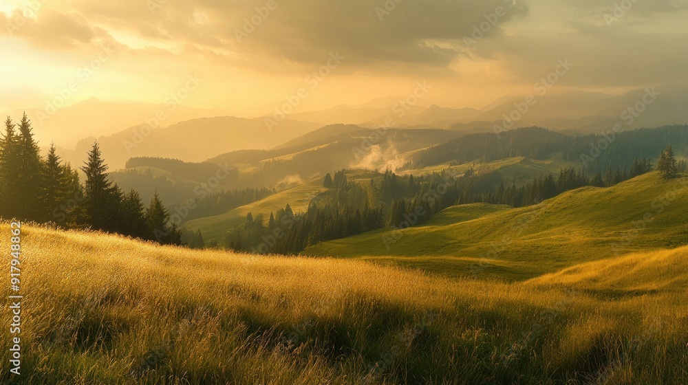 Sunrise in the Carpathian mountains, with golden light spreading across the grassy landscape and highlighting the rolling hills. Sunrise in the Carpathian mountains, with golden light spreading across the grassy landscape and highlighting the rolling hills.