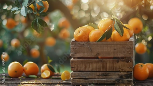 Orange fruit in wooden box on wooden table with oranges tree in garden blur background. photo