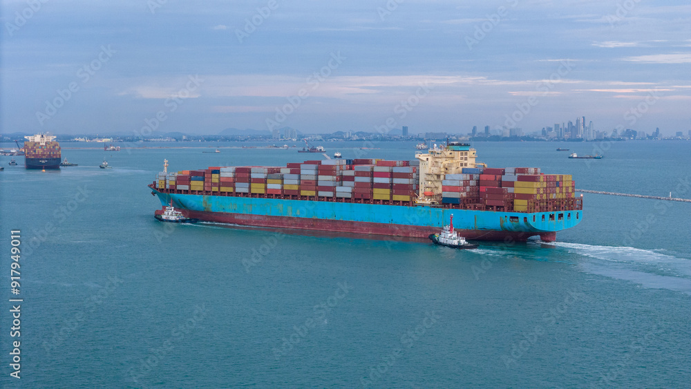 front view Cargo Container ship with contrail in the ocean ship carrying container and running for import export concept technology freight shipping by ship.. front view Cargo Container ship with contrail in the ocean ship carrying container and running for import export concept technology freight shipping by ship..