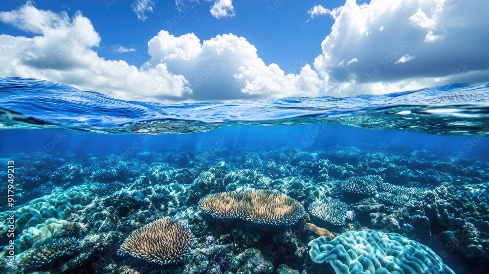 Fototapeta premium The beauty of a coral reef seen from underwater, with the rippling waves and blue sky creating a striking contrast.