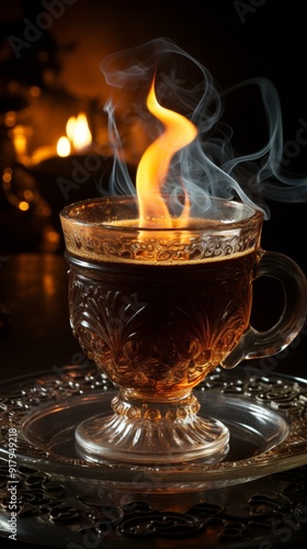 A close-up of a freshly brewed cup of coffee, with a plume of steam rising from the surface