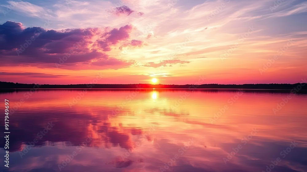 The beauty of a sunset over a calm lake, with the sky transitioning from orange to pink and the water mirroring the scene. The beauty of a sunset over a calm lake, with the sky transitioning from orange to pink and the water mirroring the scene.
