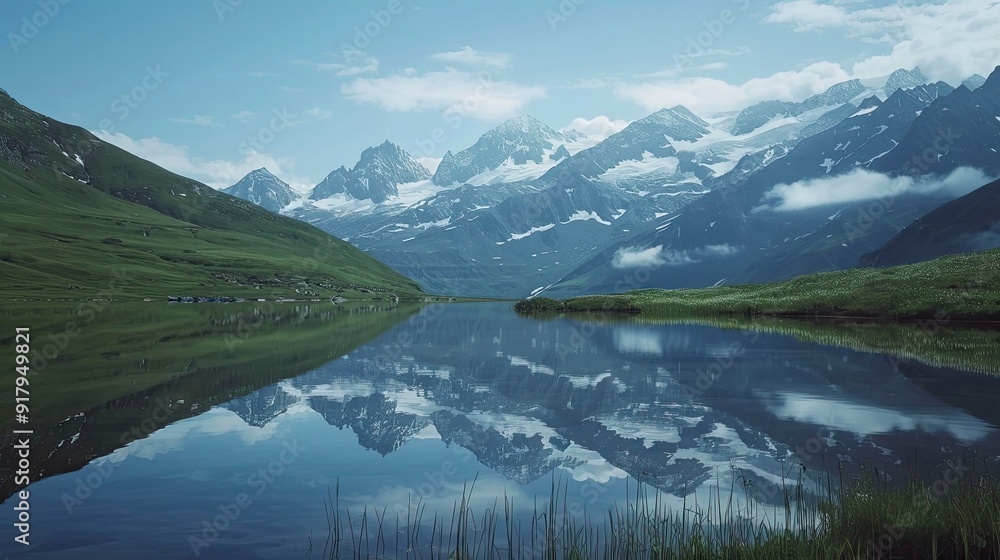 Fototapeta premium A serene alpine lake with a reflection of snow-capped peaks.