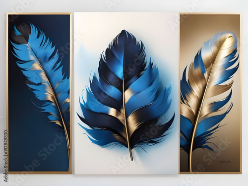  Elegant feather painting in blue black and gold color in 3 frames on white and light blue background