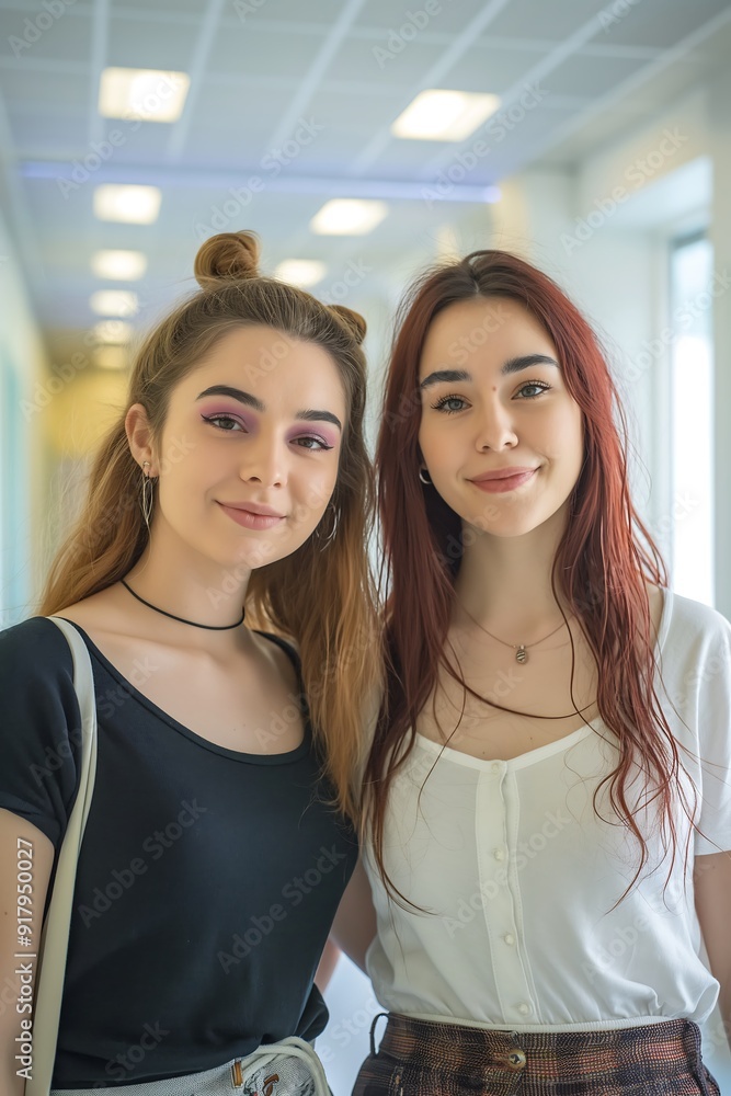 Fototapeta premium Two young Icelander women, 20 years old casual outfit with festival eyeshadow wearing skirt Burgundy hair, happy, hospital hallway blurred background