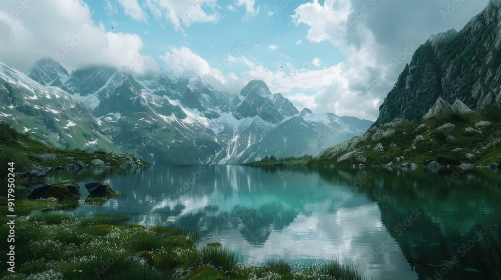 A serene alpine lake with a reflection of the mountains. A serene alpine lake with a reflection of the mountains.