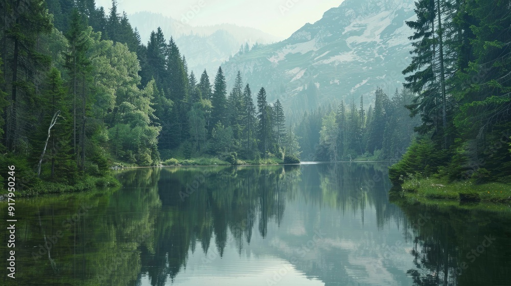 A serene alpine lake with a reflection of pine trees. A serene alpine lake with a reflection of pine trees.