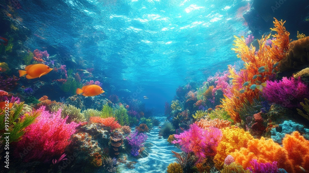 Fototapeta premium The colorful and lively tropical undersea world, with fish, corals, and marine plants thriving in the clear blue waters.