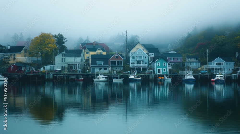 The enchanting beauty of a misty harbor, with vibrant homes and boats barely visible through the fog, creating a dreamy scene. The enchanting beauty of a misty harbor, with vibrant homes and boats barely visible through the fog, creating a dreamy scene.