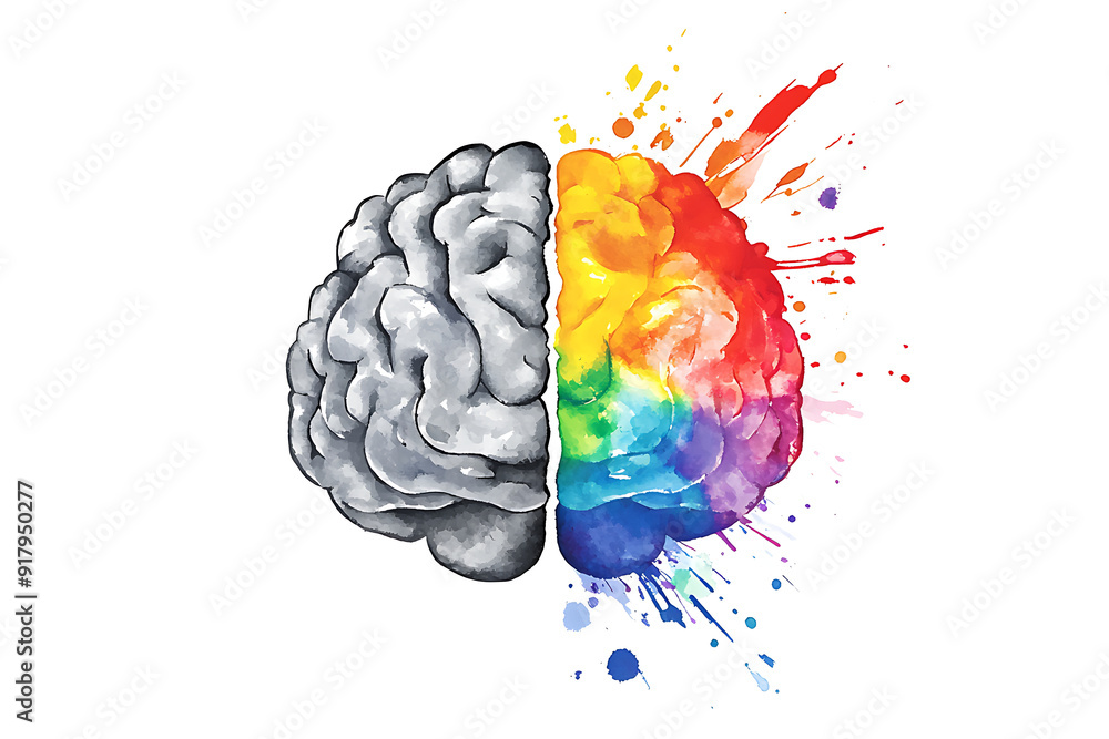 Technical and art hemispheres on human brain in front view, left and right brain functions concept isolated on white background