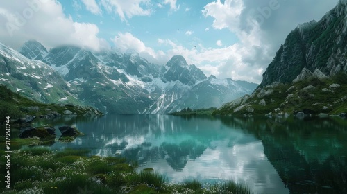 Wallpaper Mural A serene alpine lake with a reflection of the mountains. Torontodigital.ca