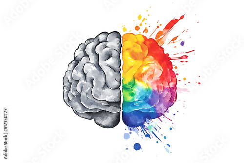 Obraz na płótnie Technical and art hemispheres on human brain in front view, left and right brain functions concept isolated on white background w salonie