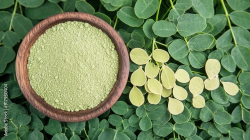 Organic moringa powder in wooden bowl on fresh leaves background photo