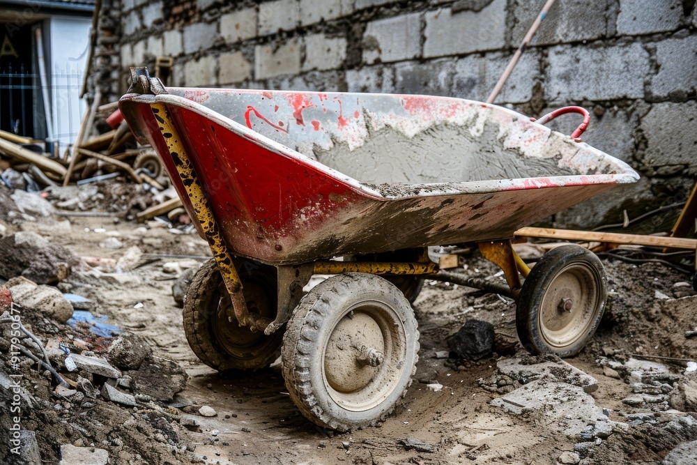 Laying paving stones on the sidewalk. Two-wheeled wheelbarrow for transporting cement and other heavy loads. Beautiful simple AI generated image in 4K, unique. Laying paving stones on the sidewalk. Two-wheeled wheelbarrow for transporting cement and other heavy loads. Beautiful simple AI generated image in 4K, unique.