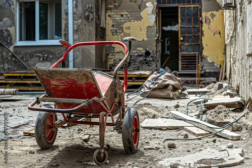 dirty metal wheelbarrow behind a red-white caution tape on a walkway construction site, old metal wheelbarrow at building site. Beautiful simple AI generated image in 4K, unique.