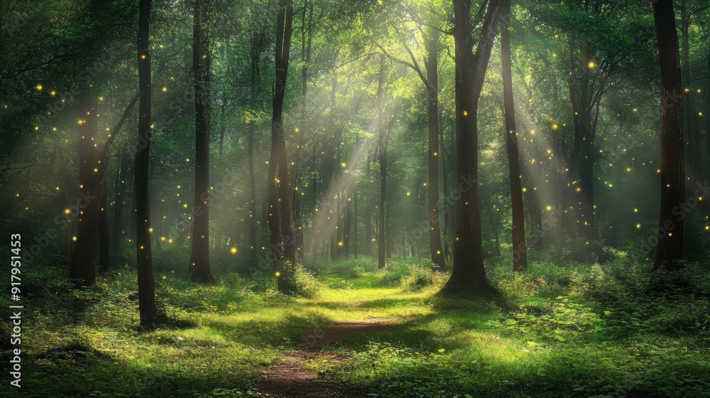 Fototapeta premium Enchanted pathway with magical sunlight fireflies