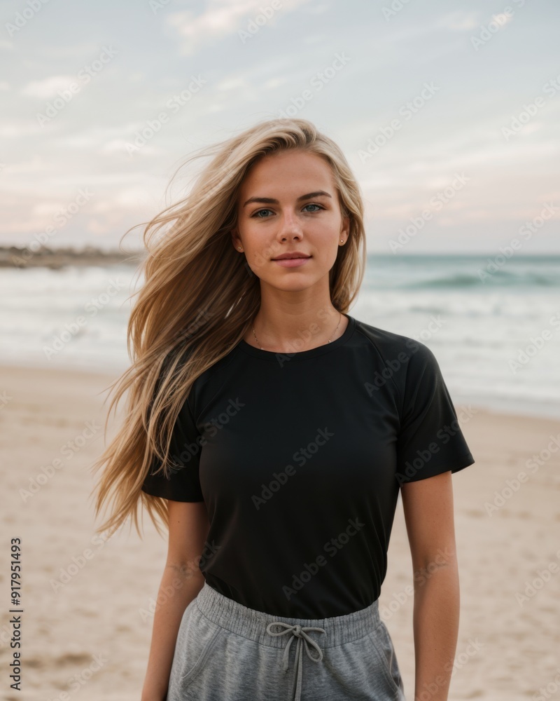 Beach tranquility as a young woman stands with wind-blown hair in sunset Beach tranquility as a young woman stands with wind-blown hair in sunset