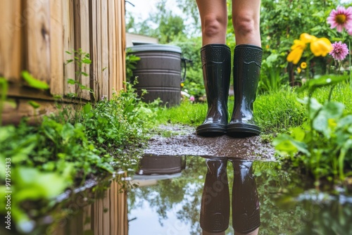 Rainy day reflections with green wellies in garden puddle