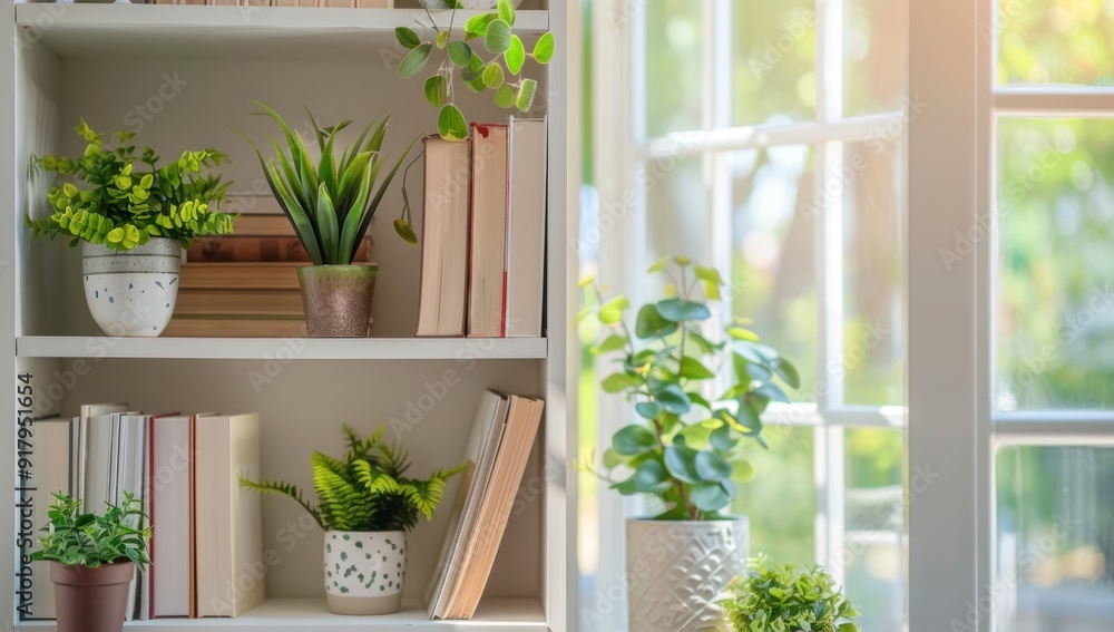 White Bookshelf with Green Plants Near Window White Bookshelf with Green Plants Near Window