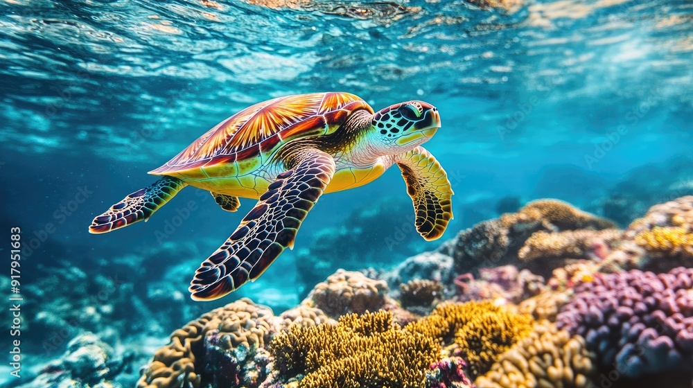 Fototapeta premium The majestic sea turtle swimming above a coral reef in the Maldives, with a close-up focus on the turtle and reef.