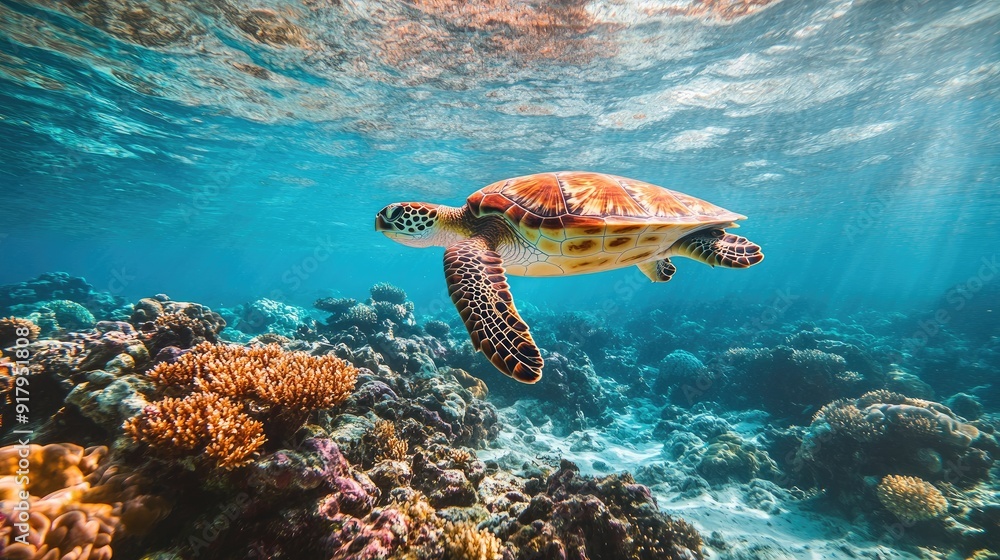 Fototapeta premium The majestic sea turtle swimming above a coral reef in the Maldives, with a close-up focus on the turtle and reef.