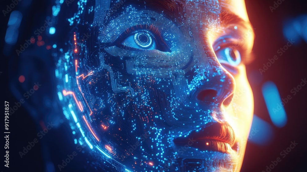 3D illustration of a human face intertwined with AI circuitry. Representation of digital transformation and the future of artificial intelligence in humanity. 3D illustration of a human face intertwined with AI circuitry. Representation of digital transformation and the future of artificial intelligence in humanity.