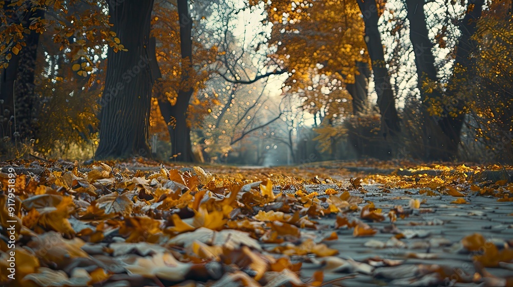 A serene autumn landscape with a carpet of fallen leaves. A serene autumn landscape with a carpet of fallen leaves.