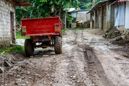 Construction industrial two-wheeled cart, wheelchair, tool stands on the street near the house of a garage at a construction site. Beautiful simple AI generated image in 4K, unique.