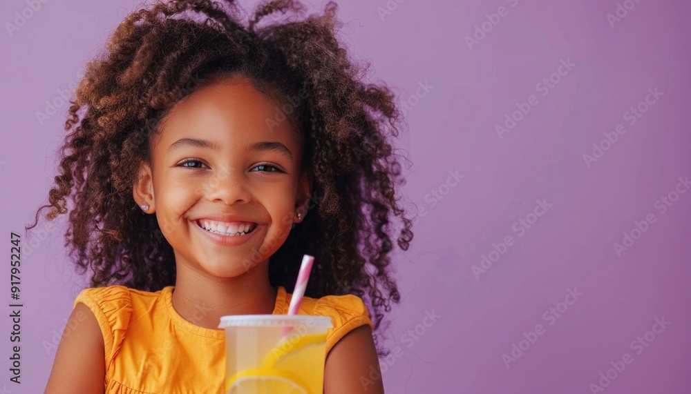 Little girl with frizzy hair smiling and holding lemonade on purple background Little girl with frizzy hair smiling and holding lemonade on purple background
