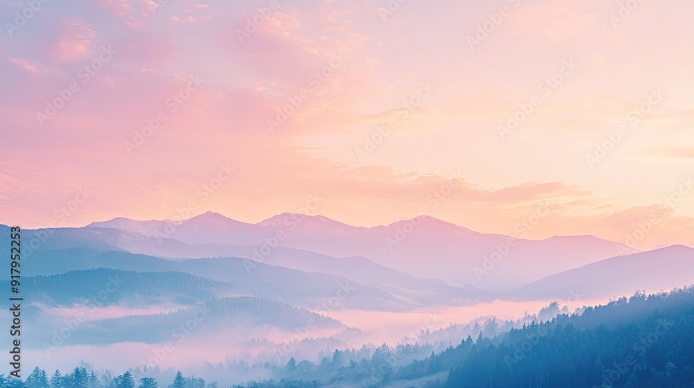 Fototapeta premium The peaceful beauty of a mountain sunrise, with soft light spreading across the landscape and the sky painted in pastel colors.