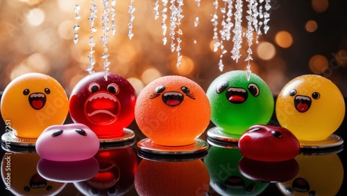 Bright gelatin characters cheerfully displayed with twinkling lights above