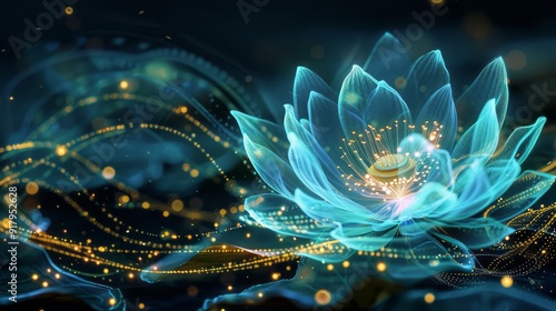 Fiber optic light painting, Chinese lotus flower, glowing cyan light, digital illustration, fantasy art style, holographic
