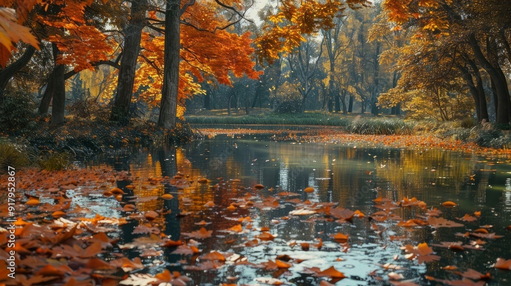Fototapeta premium A serene autumn landscape with vibrant leaves and a peaceful pond.