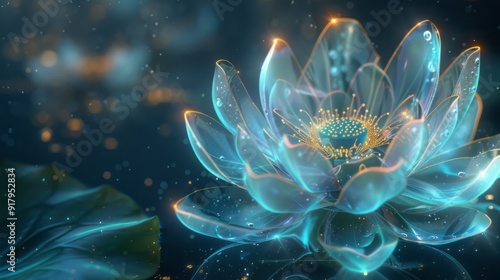 Fiber optic light painting, Chinese lotus flower, glowing cyan light, digital illustration, fantasy art style, holographic