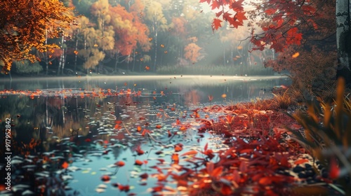 A serene autumn landscape with vibrant leaves and a peaceful pond.