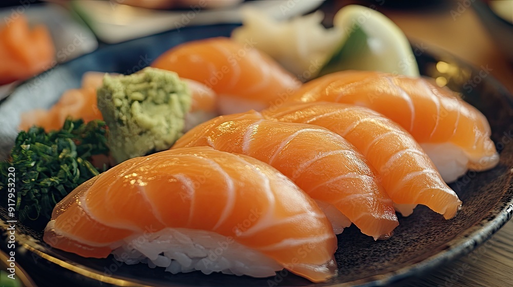 A beautiful arrangement of salmon nigiri sushi with pickled ginger and wasabi. A beautiful arrangement of salmon nigiri sushi with pickled ginger and wasabi.